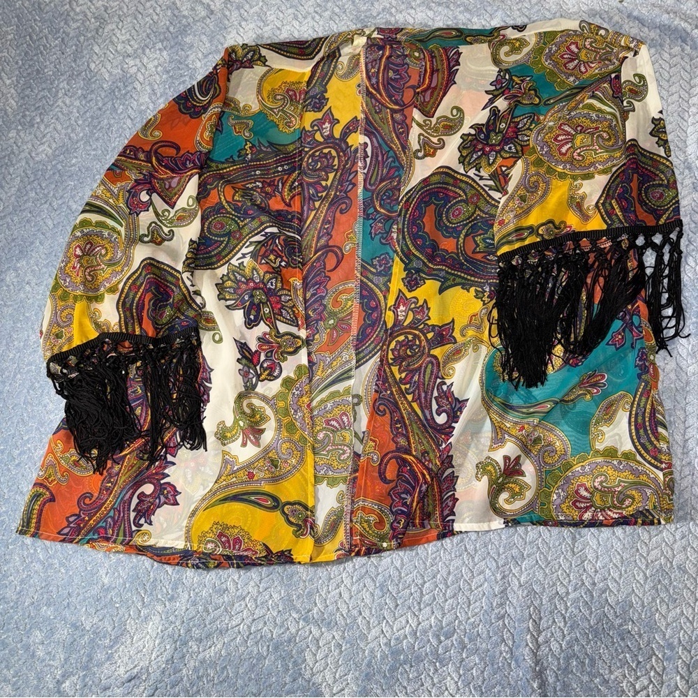 Candy Rose Vintage Fringe Kimono Paisley Orange Multicolor Women’s Size S/M